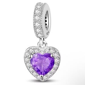 New S925 Purple Dangle Heart Gemstone Pandora Style Charm
